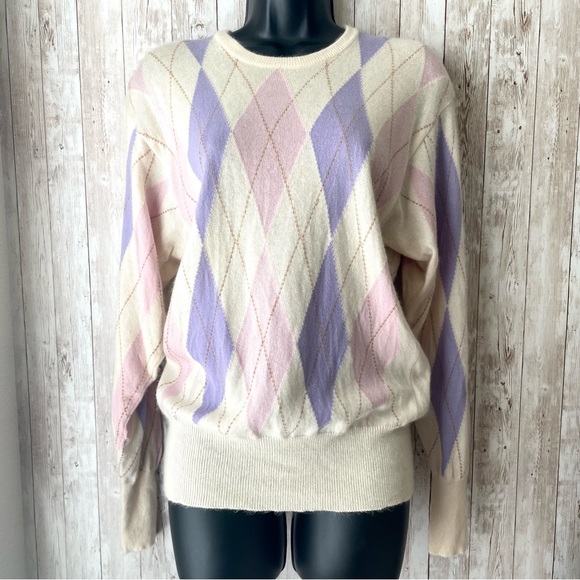 Vintage Sweaters - Vintage J.R. Grosvenor 100% Cashmere Pink & Purple Argyle Pullover Sweater Sz S